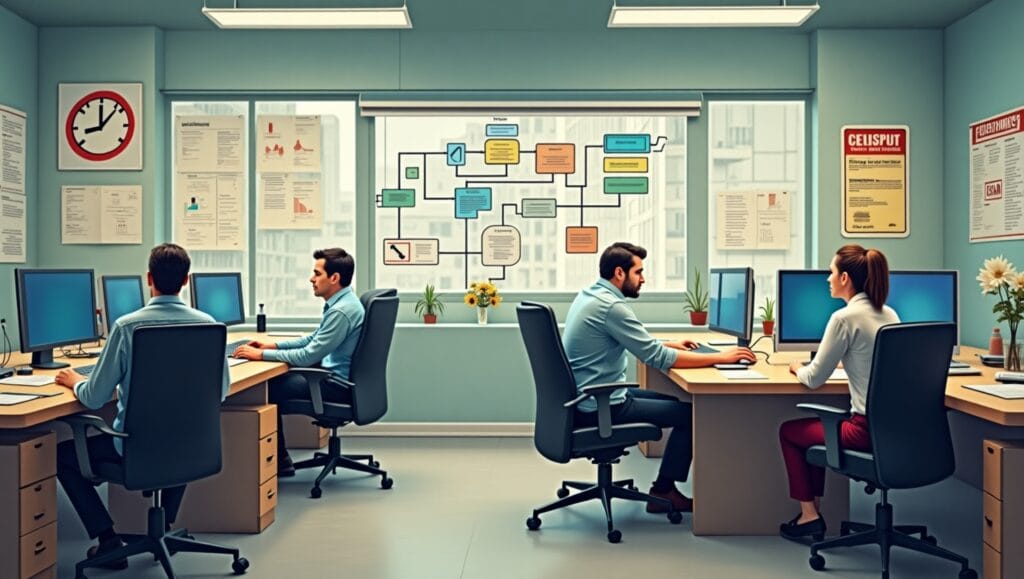 Illustration of a UK company facing challenges due to outdated legacy workflows, including delays, errors, and inefficiency in 2025.