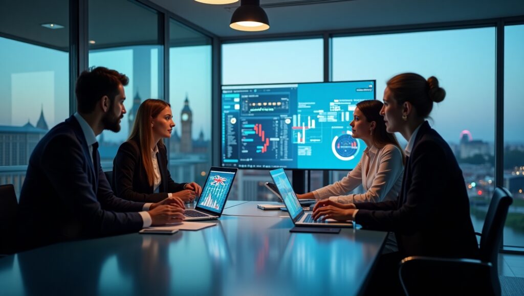 UK business professionals using AI automation tools and dashboards to streamline operations in a modern office environment