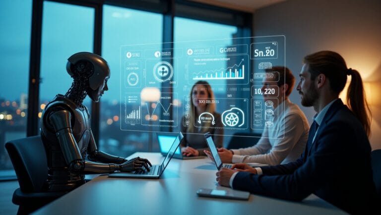 AI SDR agent in a Manchester office meeting with sales professionals, analyzing lead pipeline automation, ROI growth charts, and AI-driven sales strategies in 2025.