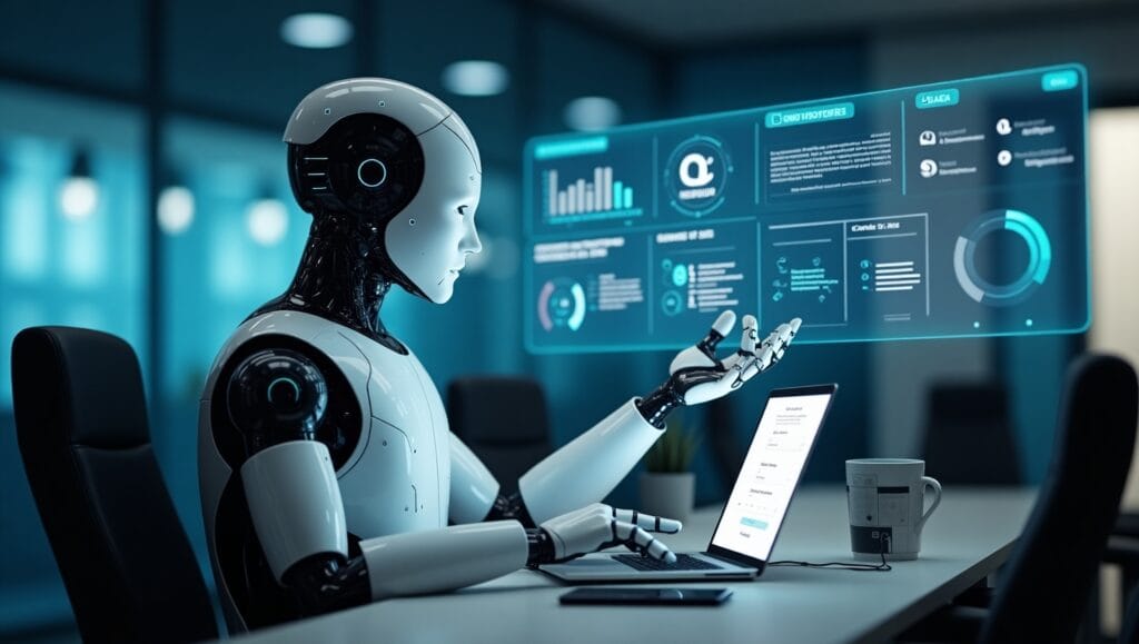 Why Manchester Is Adopting AI SDR Agents Rapidly in 2025 2 AI SDR agent robot analyzing sales data on a holographic dashboard, automating lead generation and ROI tracking in a futuristic Manchester office environment, 2025.