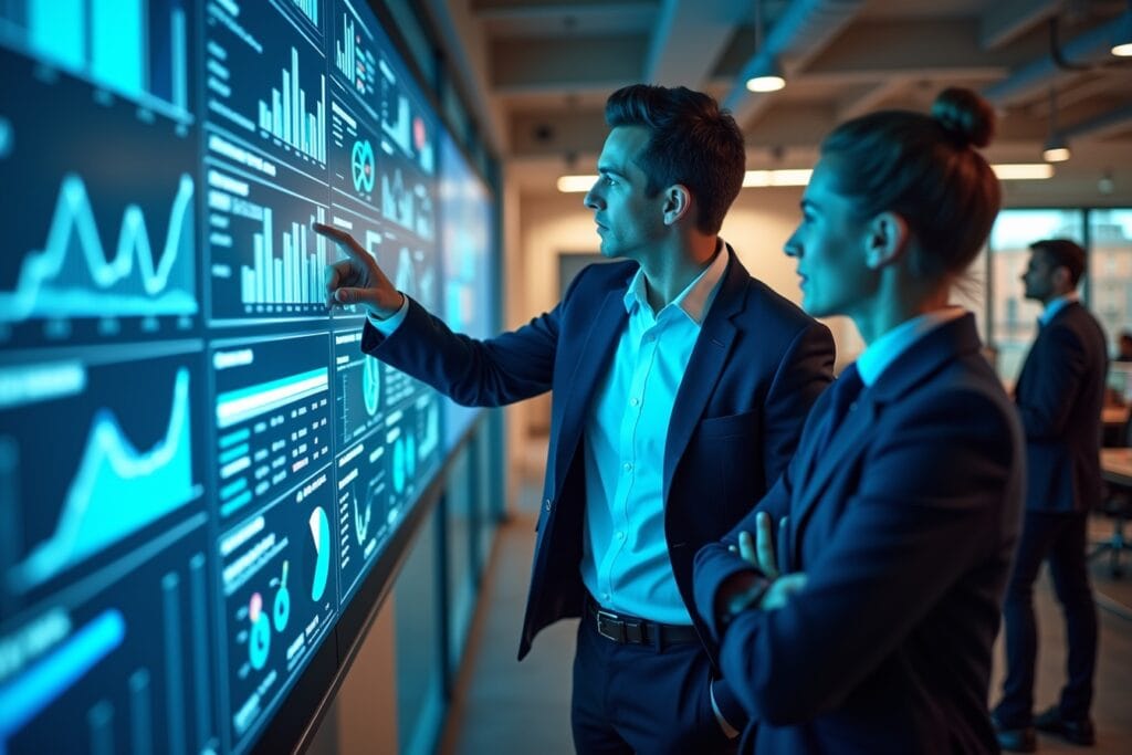 What Is an AI SDR Agent and How Can It Boost UK Sales Teams? 2 Sales professionals reviewing a futuristic AI-powered dashboard displaying real-time sales analytics, lead conversion data, and customer engagement charts inside a modern UK office — representing AI SDR workflow.