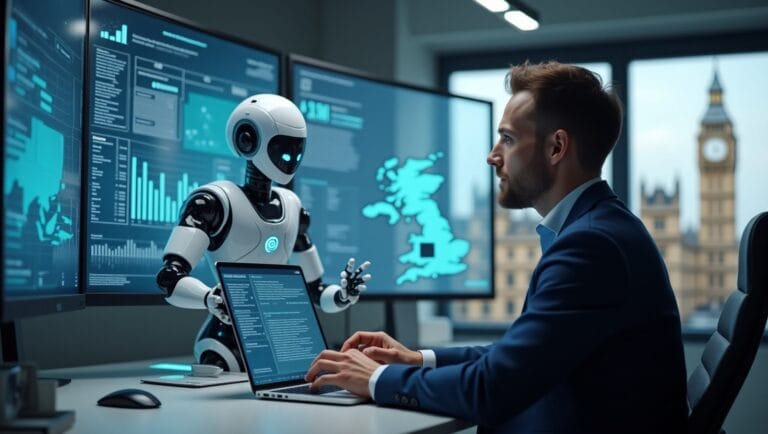 A humanoid AI SDR agent interacting with a professional sales executive in a high-tech UK office, with data dashboards and Big Ben visible in the background — symbolising AI-driven sales transformation in 2025.