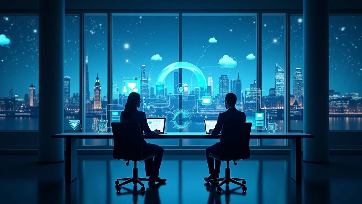 Futuristic AI automation agency in the UK showing business professionals using advanced technology in 2025
