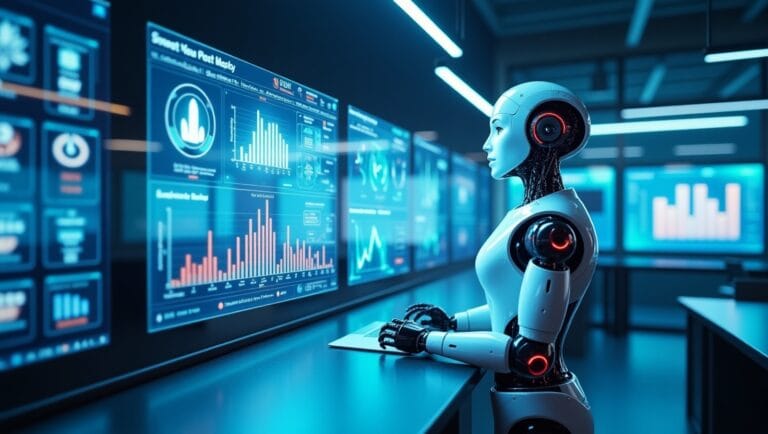 Futuristic UK office showing AI automation trends in 2025 with humans and AI working together