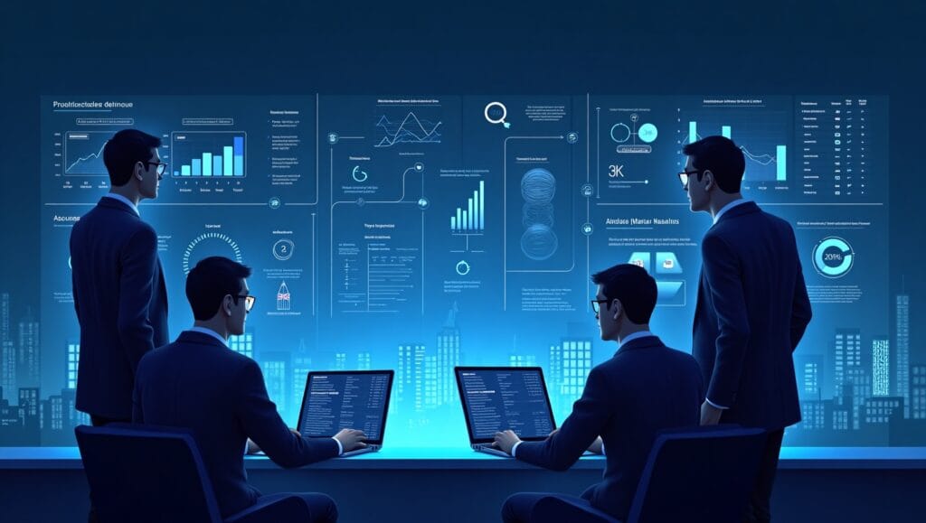 UK business owners using AI sales automation tools to boost growth, conversions, and ROI in 2025 with futuristic dashboards and data insights.