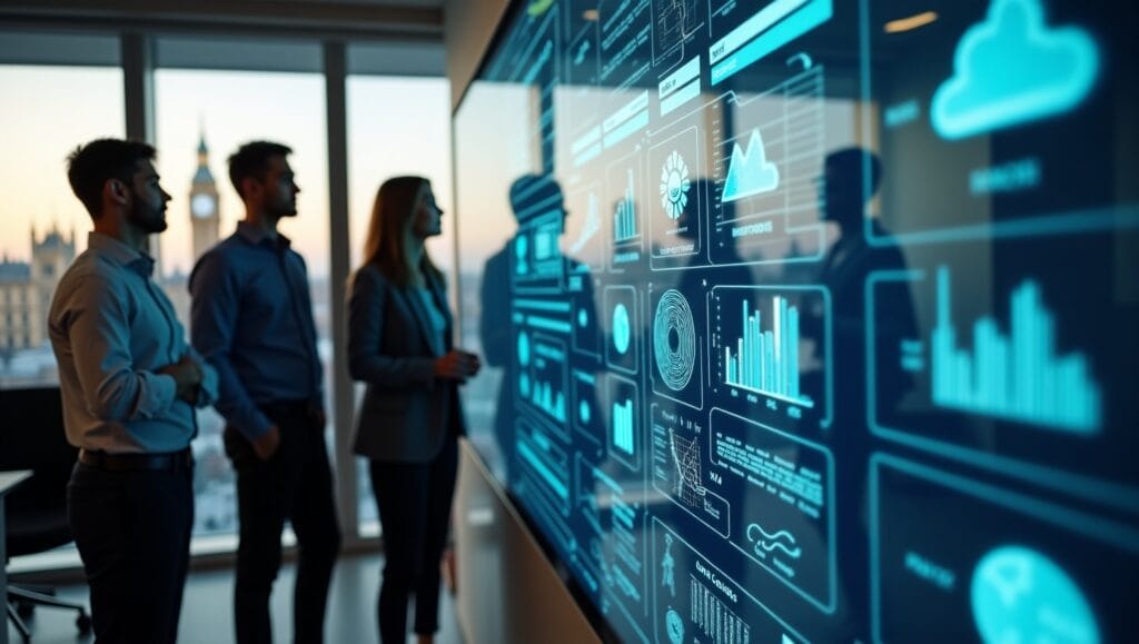 Top Artificial Intelligence Automation Agency Trends 2025 2 UK business team exploring AI automation agency solutions with futuristic dashboards and AI tools