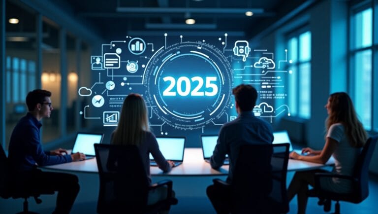 Illustration of UK sales team using AI tools and automation dashboards in 2025