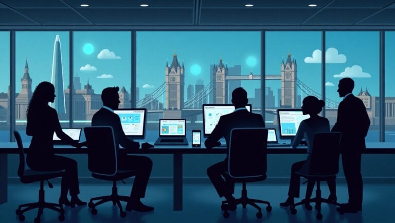 UK business team using artificial intelligence automation tools in a modern office setting with digital AI interfaces