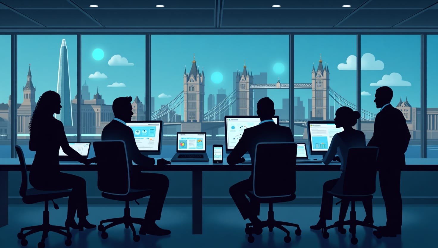 UK business team using artificial intelligence automation tools in a modern office setting with digital AI interfaces