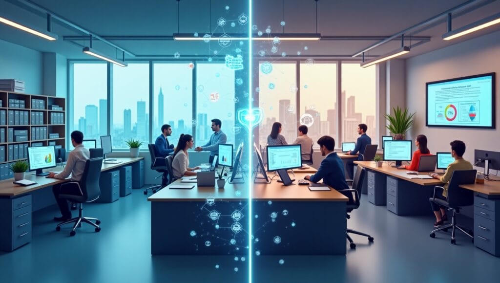 Visual comparison of UK businesses using traditional manual workflows versus AI-powered systems, showing the evolution toward digital transformation in 2025.
