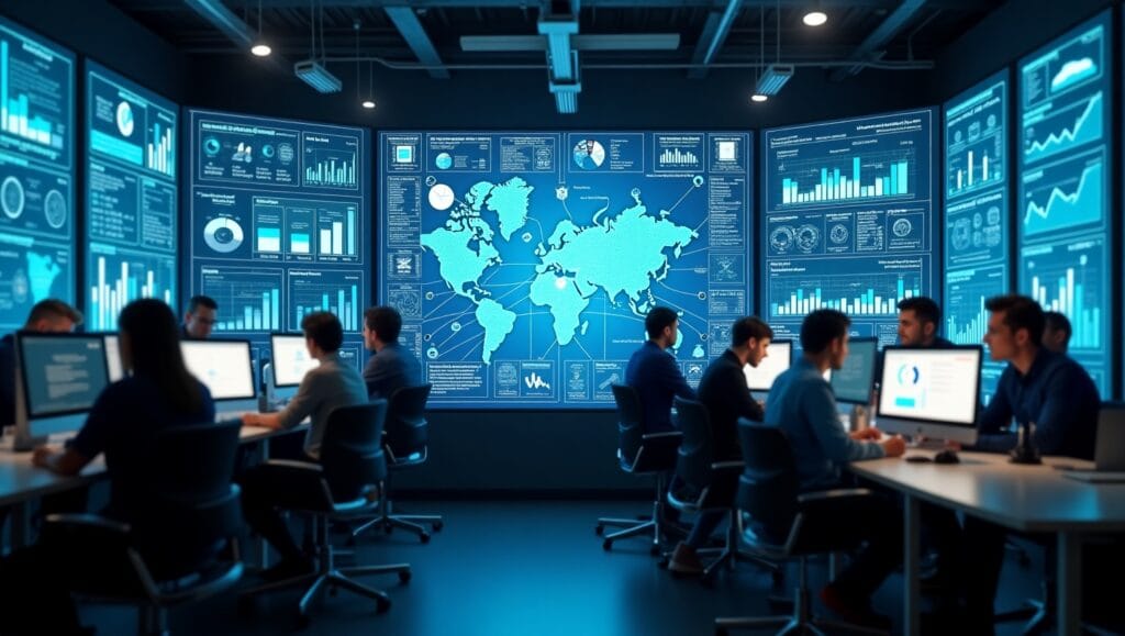 AI-powered workflow system improving productivity in a UK office, with automation tools and dashboards streamlining team operations.