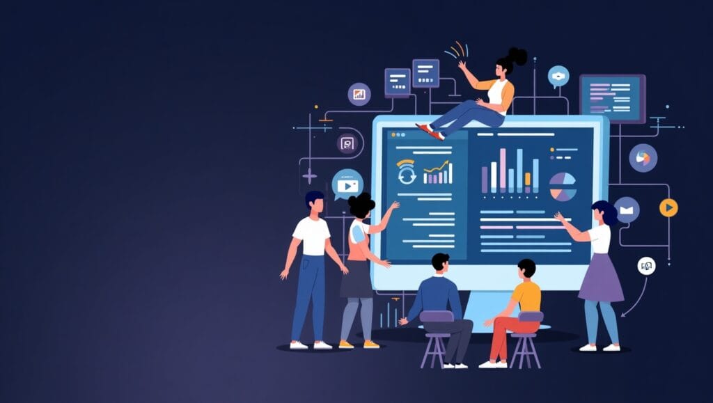 Sales automation agency team using AI tools and workflow automation systems with a dark modern background and visual sales journey elements.