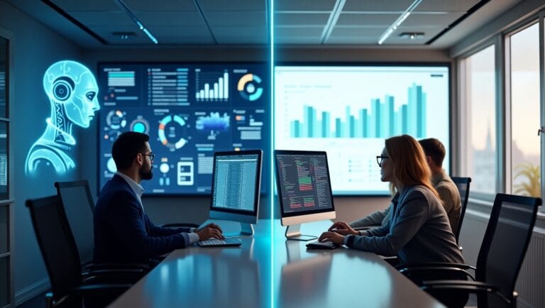 Side-by-side view of an AI-powered marketing agency and a traditional agency setup in the UK, representing automation vs traditional marketing in 2025