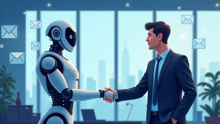 Professional digital illustration of a robot AI SDR agent shaking hands with a human sales representative in a corporate UK office, symbolizing collaboration between artificial intelligence and traditional sales roles.