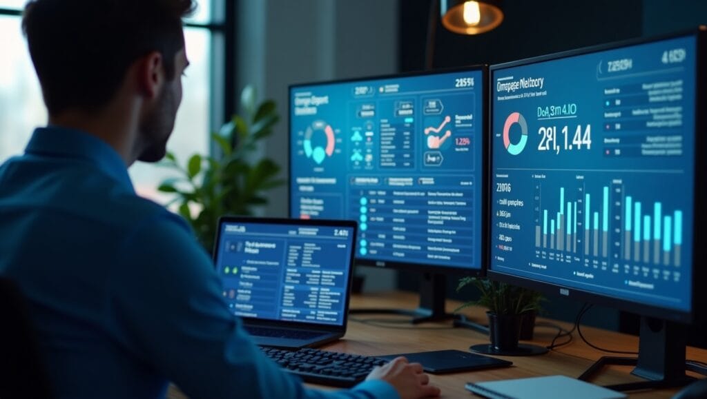 UK SME team reviewing benefits of marketing automation using AI tools and performance dashboards