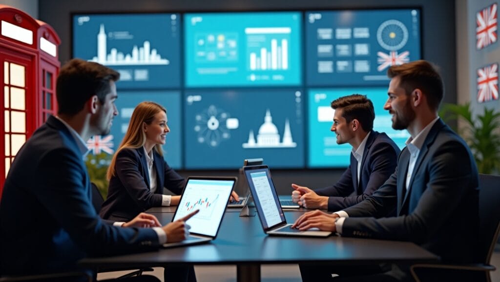 AI agency helping a UK SME automate business processes with digital tools and workflow dashboards in a modern office setting