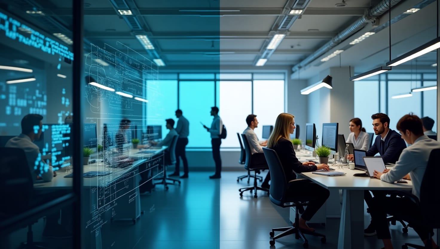 Illustration comparing AI automation agency tools with traditional manual work processes in UK businesses, showing efficiency and digital transformation.