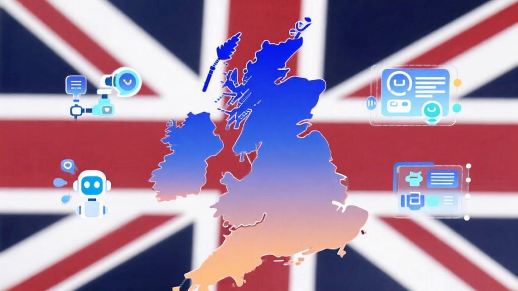 Infographic of 2025 AI automation trends in the UK including RPA, chatbots, predictive analytics, and intelligent workflows
