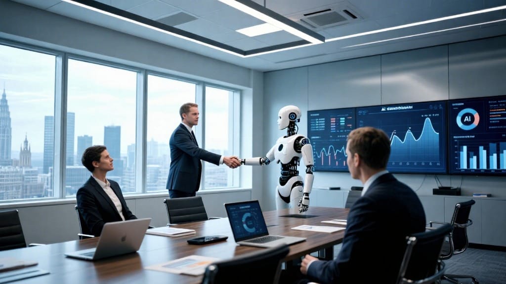 British business leaders collaborating with AI automation agency showing partnership and digital transformation in the UK
