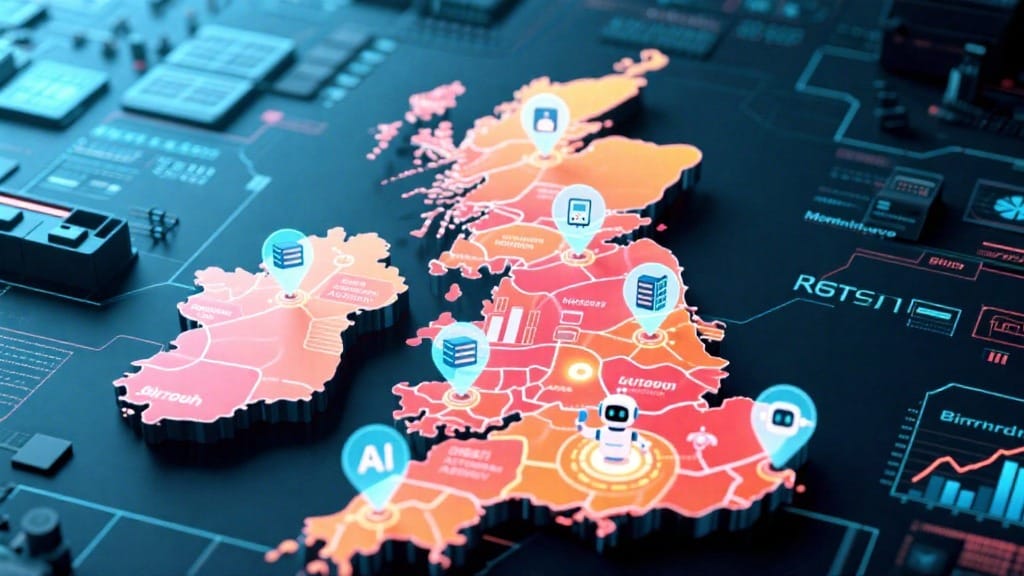 UK map showing AI automation growth hotspots in cities like London, Manchester, Glasgow, and Birmingham in 2025
