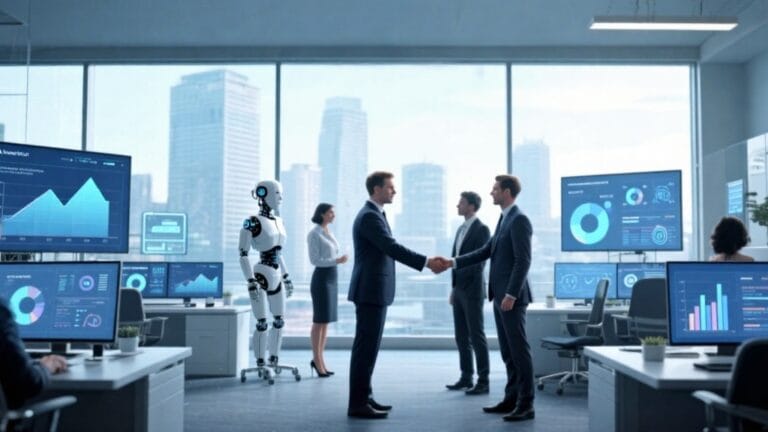 Business team partnering with an AI automation agency in the UK with digital workflows and futuristic tech interfaces.