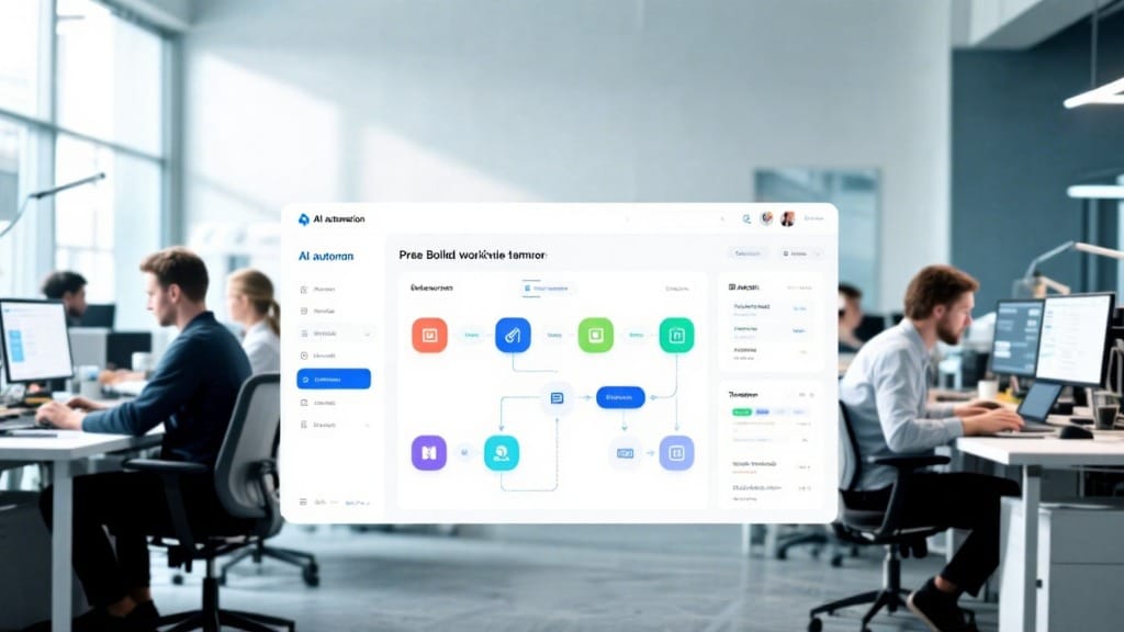 UK business team using AI automation tools to deploy ready-made workflows quickly and efficiently.