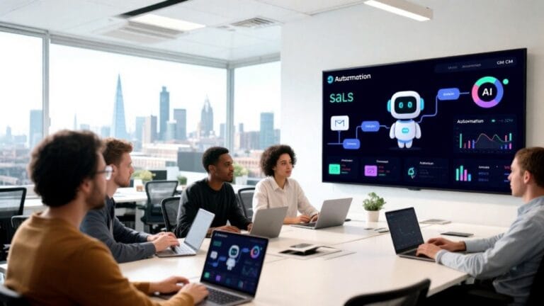 UK startup team using sales automation tools like AI SDR agents, automated CRM, and email workflows to boost growth in 2025