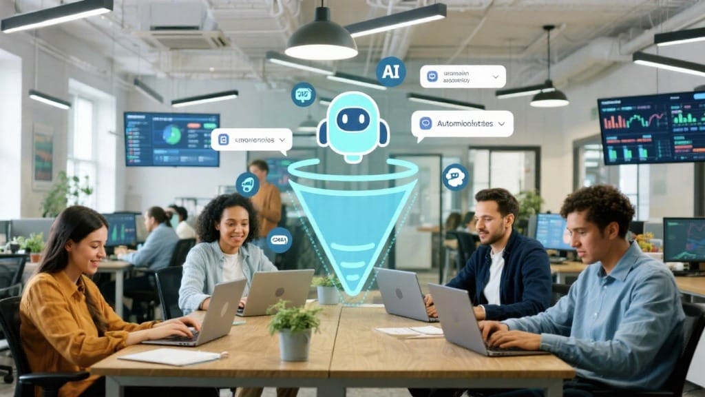 Benefits of Sales Automation for UK Startups 2 UK startup team using AI-powered sales automation tools like CRM dashboards and chatbots to improve lead generation and efficiency in 2025