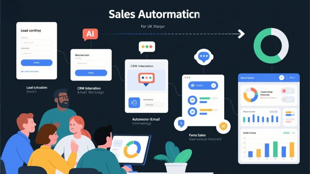 Benefits of Sales Automation for UK Startups 4 Sales automation process for UK startups showing AI lead capture, CRM automation, email workflows, and real-time sales dashboards in action in 2025