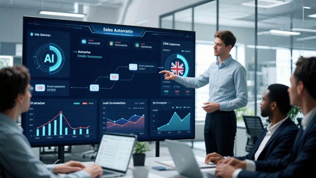 Why Use a Sales Automation Agency in the UK 2 Sales automation expert managing AI workflows and lead generation in a UK office
