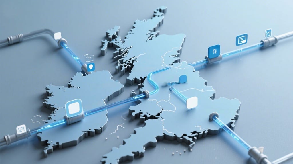 Why Use a Sales Automation Agency in the UK 4 Digital map of the UK showing connected cities using B2B sales automation tools