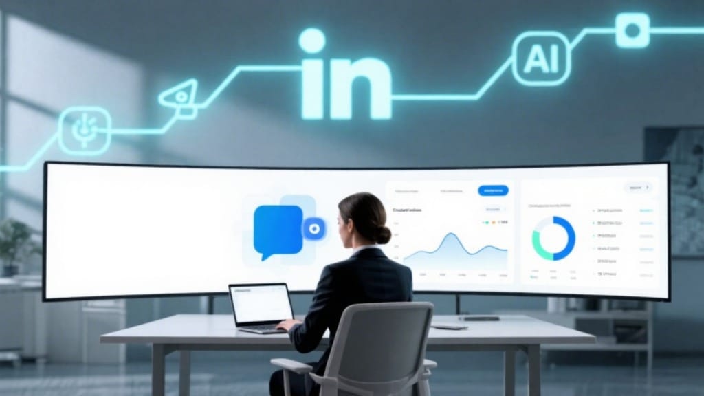 Business professional using LinkedIn automation agency tools with AI message flows and lead dashboards