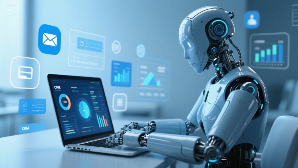 How to Use AI SDR Agents to Automate Your UK Lead Pipeline 2 Futuristic AI SDR agent using CRM dashboards and email automation tools to streamline lead generation for UK B2B sales teams.