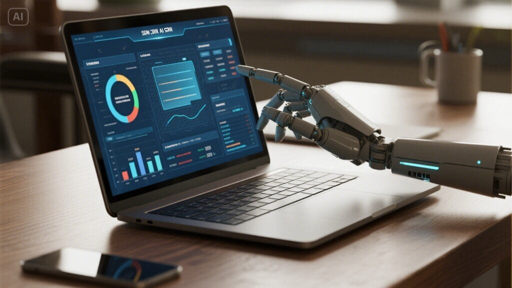 AI SDR robot analyzing CRM dashboards and sales data in a London office.