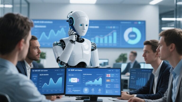 AI SDR agent assisting UK B2B sales team with CRM analytics and automation in a modern corporate office.