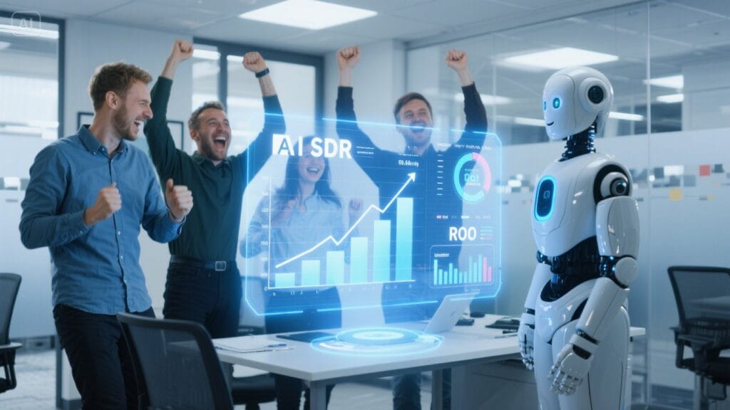 Real ROI: How UK Startups Scale Faster with AI SDR Agents 2 AI SDR robot boosting sales and ROI for a UK startup team.