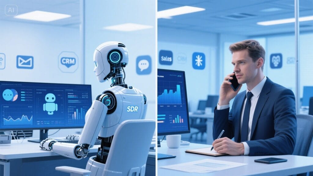 AI SDR vs Traditional SDR: Which Is Better for UK Businesses? 2 A side-by-side comparison of an AI SDR agent robot working on CRM software and a UK sales professional on a phone call, symbolizing automation boosting sales teams.