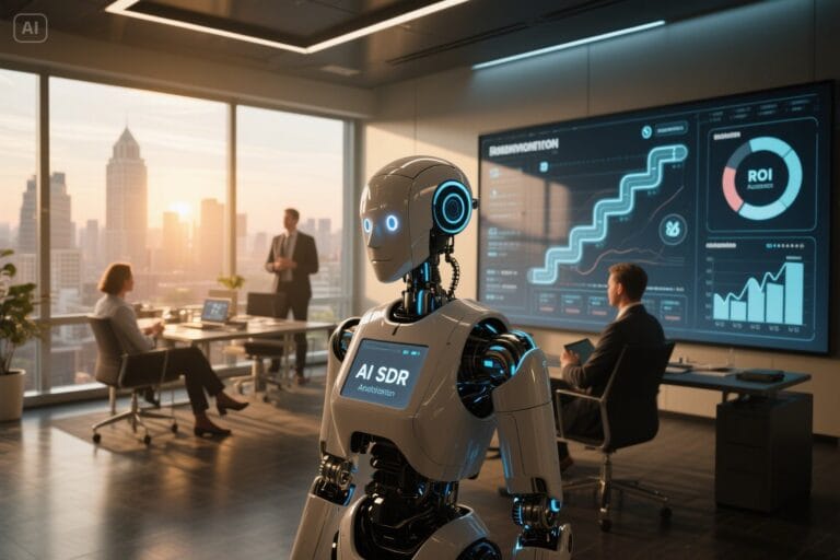 A futuristic AI SDR agent robot working with a Birmingham sales team, using holographic dashboards for lead generation, sales analytics, and automated outreach in a modern office.