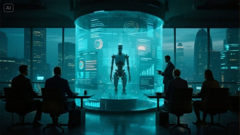AI SDR agent enhancing sales efficiency in a modern London office with advanced data dashboards and team collaboration.