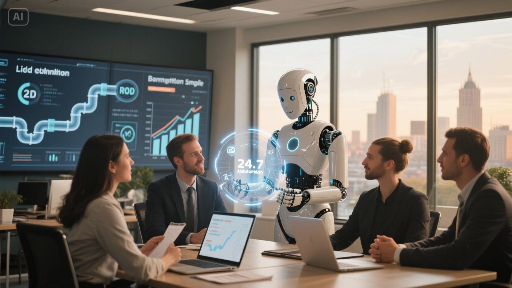 Professional AI SDR agent robot working with a Birmingham SME sales team, displaying holographic lead pipelines, ROI growth charts, and 24/7 sales automation tools in a modern office setting.