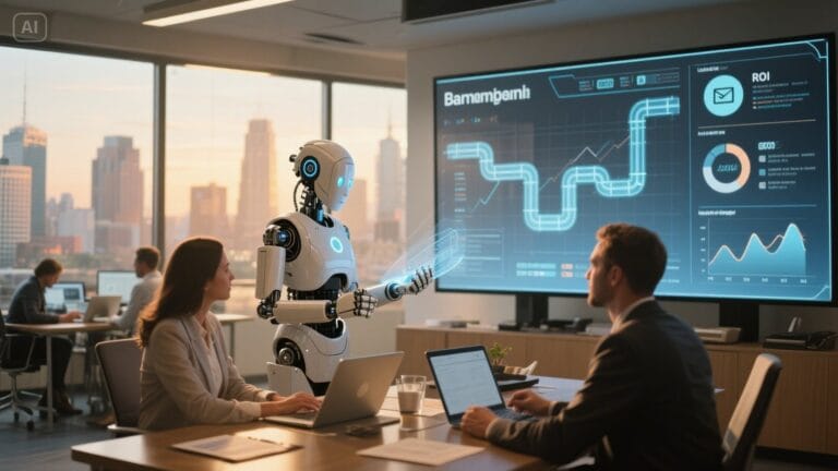 Futuristic AI SDR agent working with a Birmingham sales team, analyzing lead pipelines and boosting ROI with automated outreach solutions.