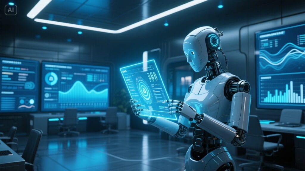 AI-driven SDR assistant analyzing sales leads on a futuristic dashboard.