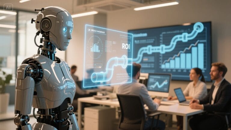 Futuristic AI SDR agent robot working with a Birmingham sales team in a modern office, featuring holographic lead pipelines and ROI growth charts.