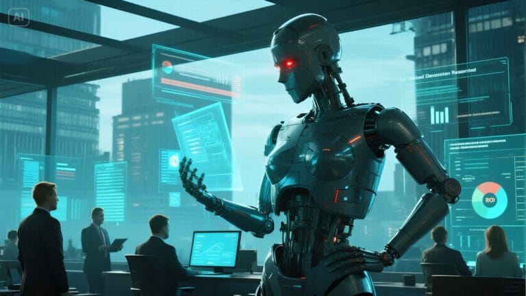 Futuristic AI SDR robot with holographic dashboards showing automated lead generation, LinkedIn outreach, and sales analytics for Manchester companies.
