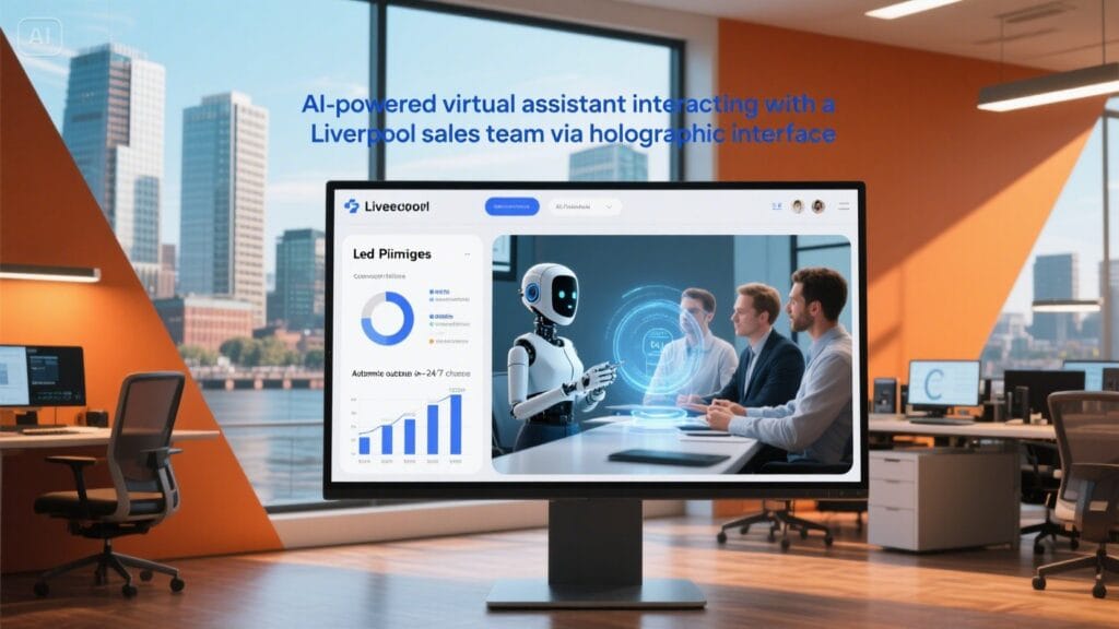 AI SDR agent holographic interface assisting Liverpool sales teams with lead generation and automation.