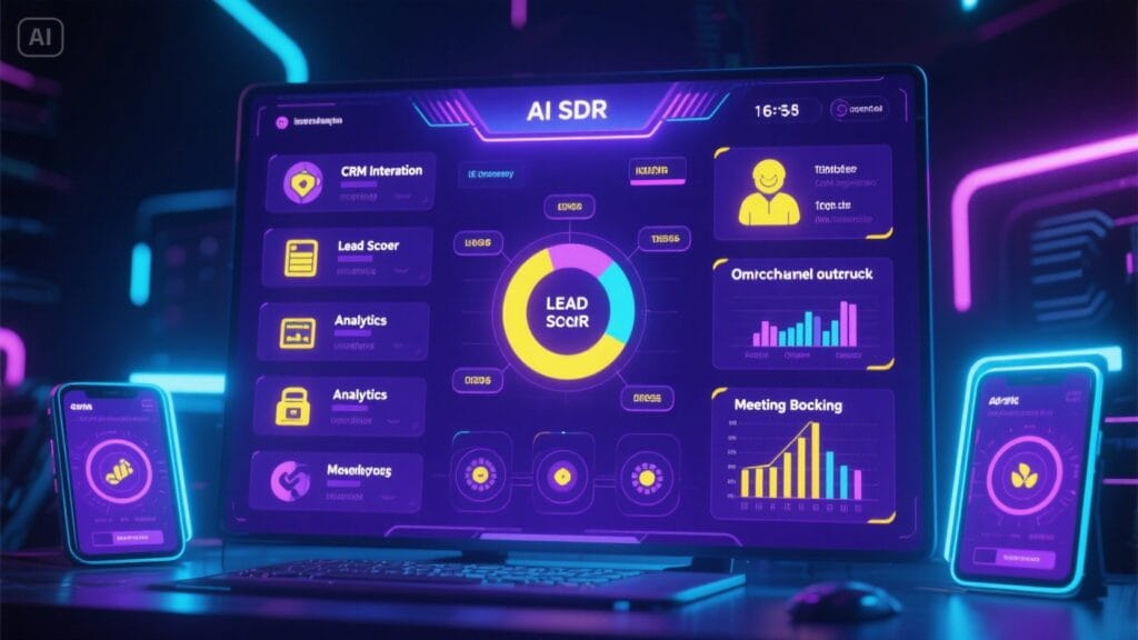 Infographic showing key AI SDR components like CRM integration, lead scoring, omnichannel outreach, analytics, and meeting booking for Manchester startups.