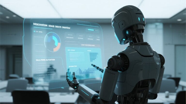 Futuristic AI SDR robots managing sales automation dashboards for Manchester startups, showcasing lead generation and ROI insights.