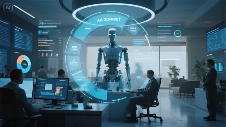Futuristic AI SDR agent dashboard in a Manchester tech office showing B2B lead generation and ROI analytics.