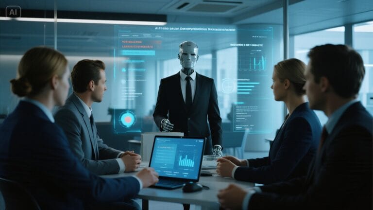 Futuristic AI Sales Development Representative robot with holographic dashboards automating lead generation for Manchester businesses in a modern tech office.