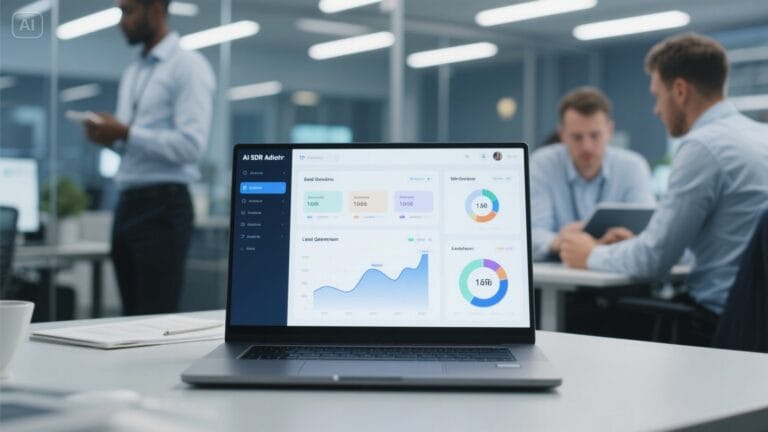 AI SDR agent dashboard in a Liverpool office showing automated lead generation and sales performance data.